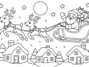 Free printable Santa Claus flying through the sky in a reindeer sleigh coloring page