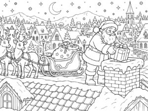 Free printable Santa Claus arriving on the roofs of a snowy town coloring page