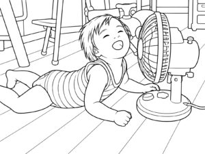Free printable Baby cooling off with an electric fan coloring page