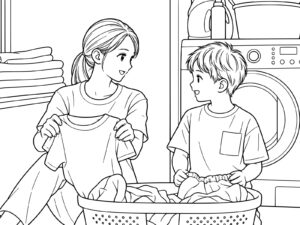 Free printable Parent and child taking out the laundry coloring page