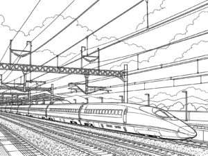 駅のそばを走る500系の無料塗り絵イラスト（知育・高齢者レク用）