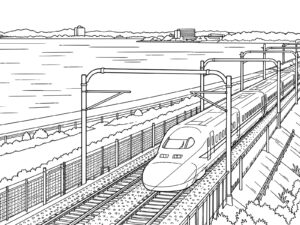 浜名湖ぞいを走る700系の無料塗り絵イラスト（知育・高齢者レク用）