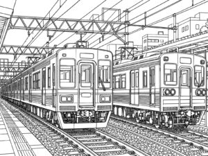 すれ違う3500形と3600形の無料塗り絵イラスト（知育・高齢者レク用）