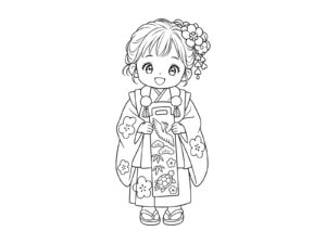 3歳の女の子（被布と千歳飴）の無料塗り絵イラスト（知育・高齢者レク用）