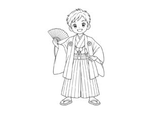 5歳の男の子（羽織袴）の無料塗り絵イラスト（知育・高齢者レク用）