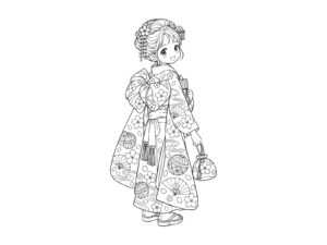 7歳の女の子（振袖と帯）の無料塗り絵イラスト（知育・高齢者レク用）