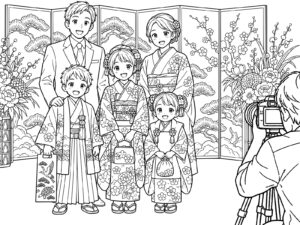 写真館で家族の記念写真の無料塗り絵イラスト（知育・高齢者レク用）