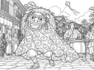 獅子舞の無料塗り絵イラスト（知育・高齢者レク用）