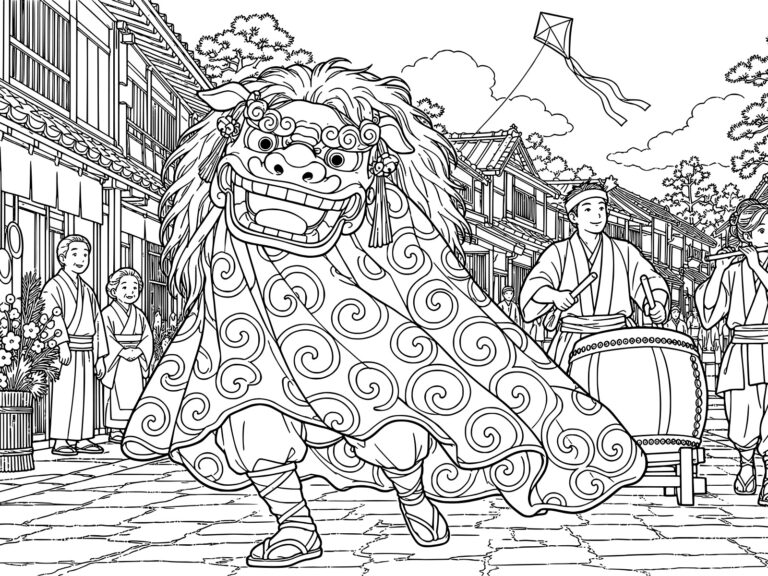 獅子舞の無料塗り絵イラスト（知育・高齢者レク用）