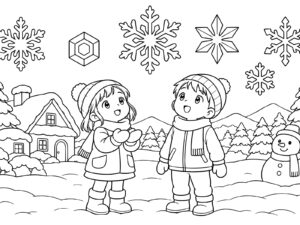 雪の結晶がふる日の無料塗り絵イラスト（知育・高齢者レク用）