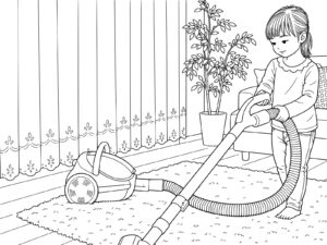 Free printable Girl vacuuming coloring page