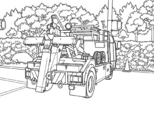 植えこみのそばのレッカー車の無料塗り絵イラスト（知育・高齢者レク用）