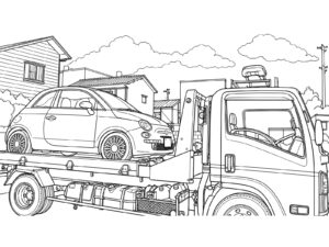 乗用車をのせた積載車の無料塗り絵イラスト（知育・高齢者レク用）