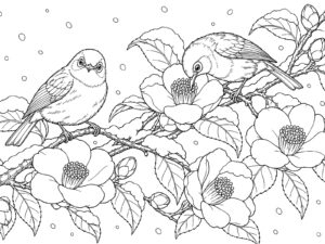 雪のツバキとメジロの無料塗り絵イラスト（知育・高齢者レク用）
