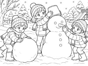 みんなで雪だるま作りの無料塗り絵イラスト（知育・高齢者レク用）