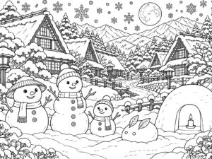 雪の村の雪だるまたち（細密）の無料塗り絵イラスト（知育・高齢者レク用）